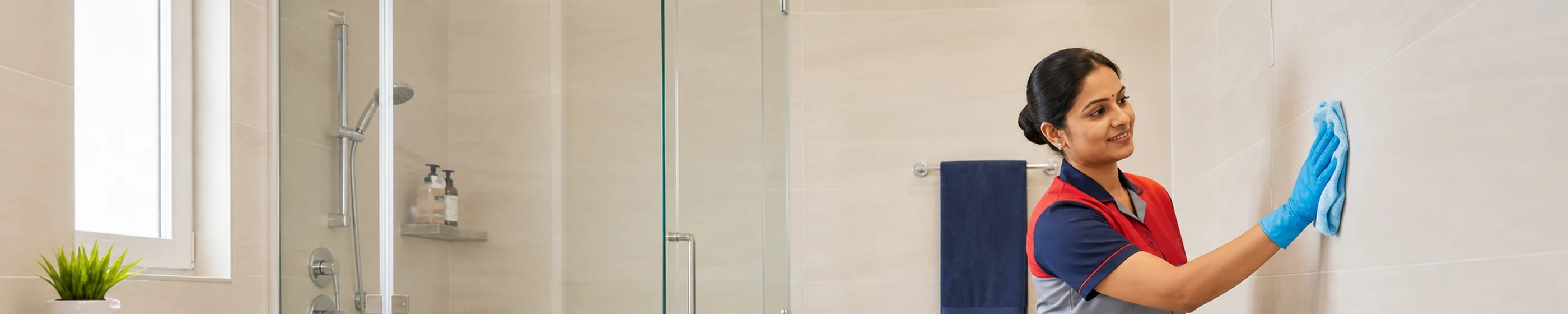 Professional bathroom cleaner maintaining a modern bathroom in Coimbatore
