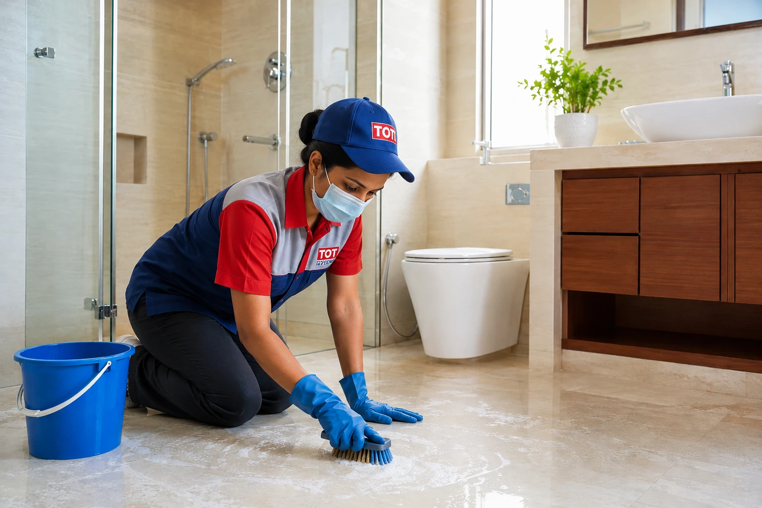 Professional Bathroom Deep Cleaning TOT Hygiene professional scrubbing a bathroom floor