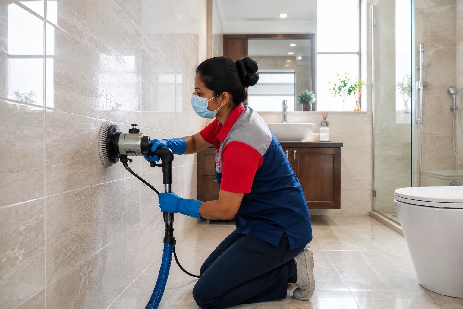 TOT Hygiene Bathroom Cleaning in Coimbatore TOT Hygiene cleaner using professional equipment on bathroom wall tiles