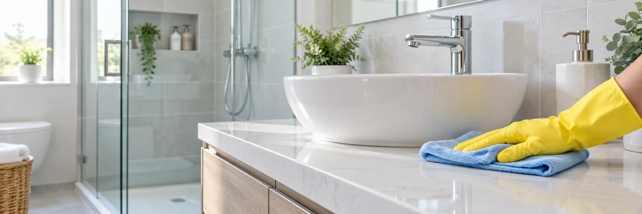 A gloved hand cleaning a bathroom counter with a blue microfibre cloth