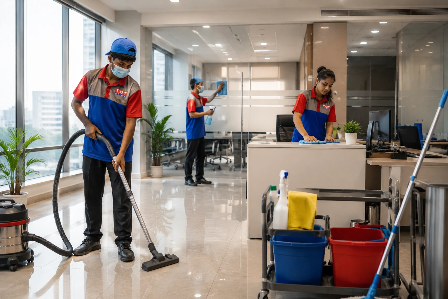 Professional Housekeeping Services in Coimbatore by TOT Hygiene TOT Hygiene staff providing professional office housekeeping services in Coimbatore