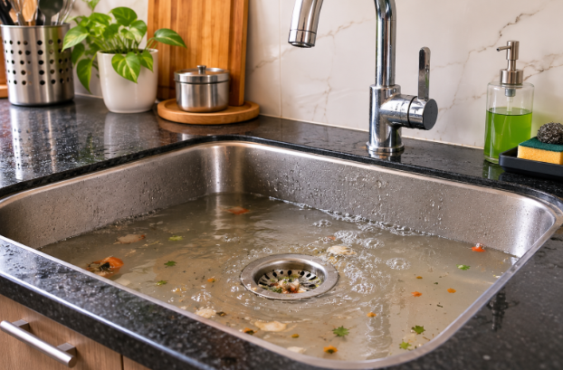 Water pooling in the kitchen sink due to drain blockage Water pooling in the kitchen sink due to drain blockage